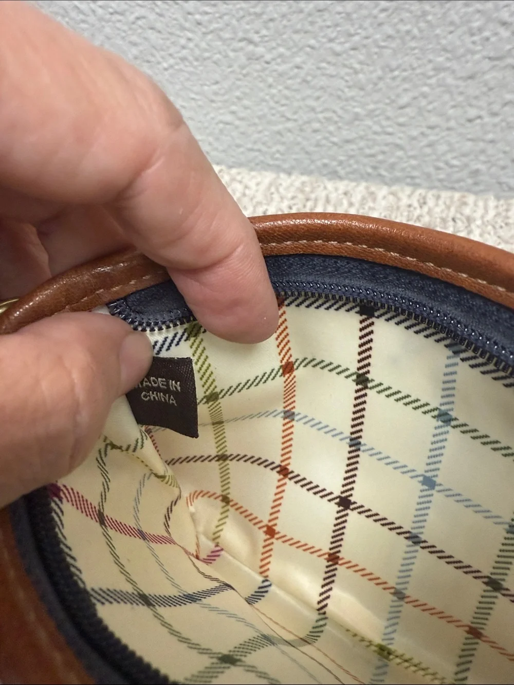 Vintage Coach Signature Blue Bleeker Tattersall and Brown Leather Wristlet